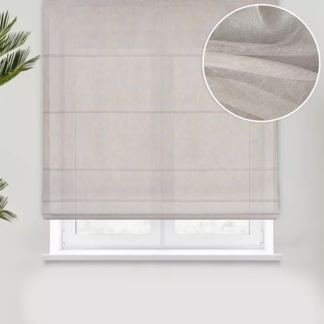 Roleta rzymska beżowa z miękkiej, matowej tkaniny nie wymagającej prasowania, z efektem kreszowania