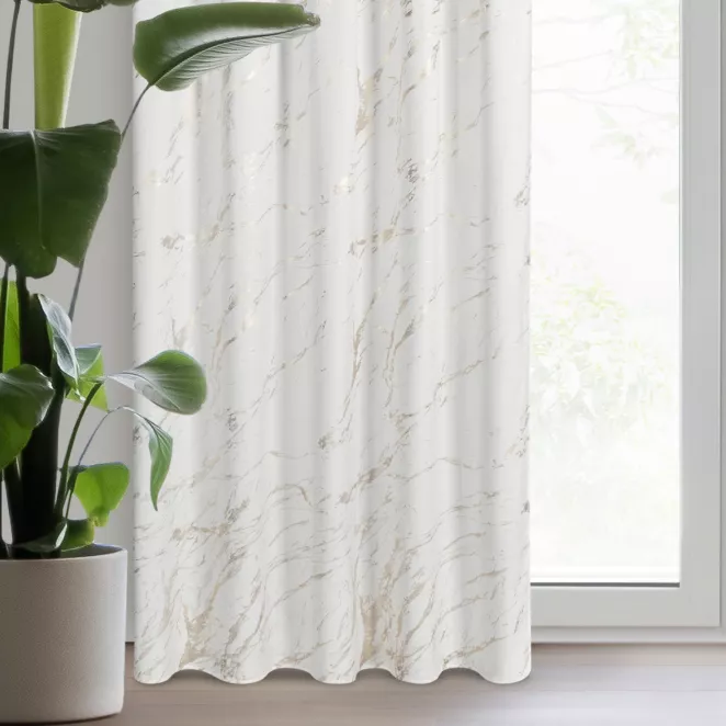 Zasłona welwetowa biało, złocista zdobiona marmurkiem 140x270 cm taśma - MOLLY