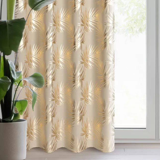 Zasłona beżowo, szampańska zdobiona nadrukiem liści z lekkiej tkaniny 140x250 cm przelotka RENI