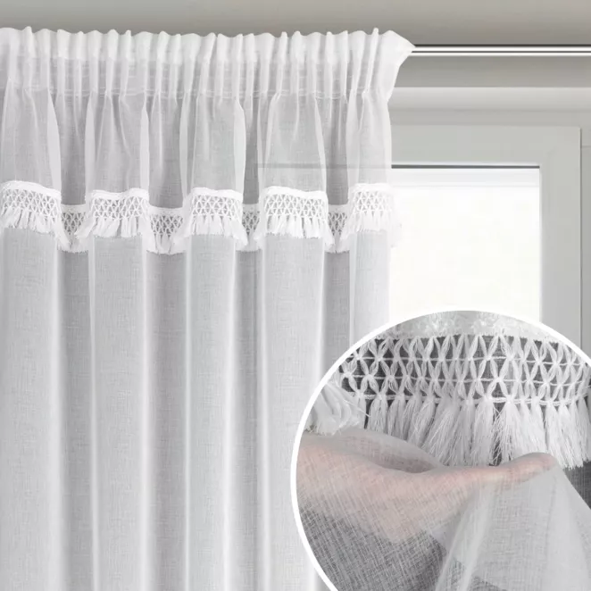 Firana biała z etaminy zdobiona subtelnym pasem frędzli w stylu eko 140x270 cm taśma KIRA 1