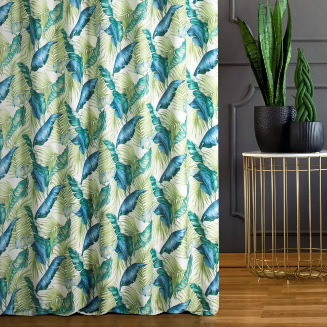 Tkanina zasłonowa zaciemniająca typu blackout z motywem egzotycznych liści