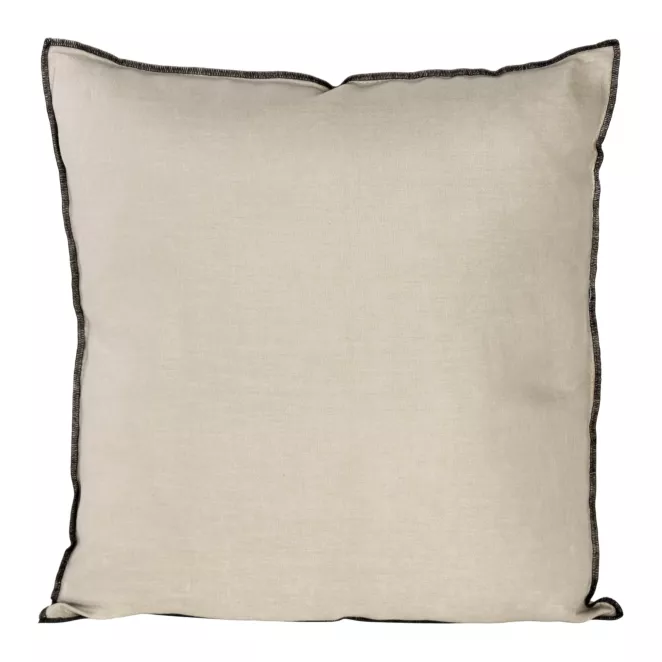 Poszewka na poduszkę 45x45 cm z naturalnej lnianej tkaniny obszyta czarną nicią beżowa LEN