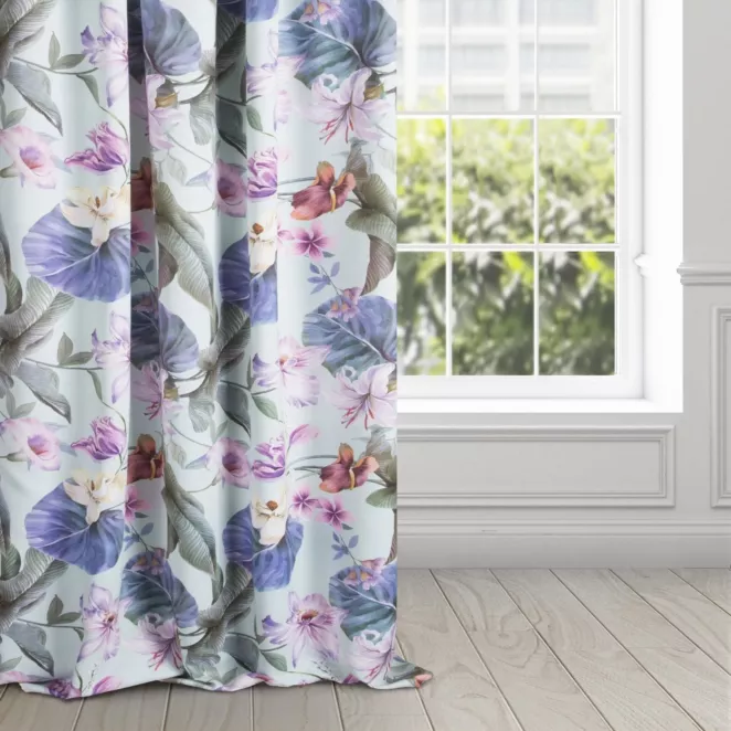 Zasłona fioletowo, różowa z różowym kwiatowym wzorem, zaciemniająca 140x270 cm taśma ALIA