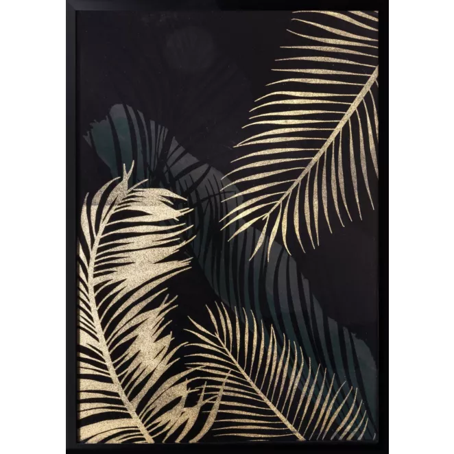 Obraz z nadrukiem błyszczących złotych liści w czarnej ramce