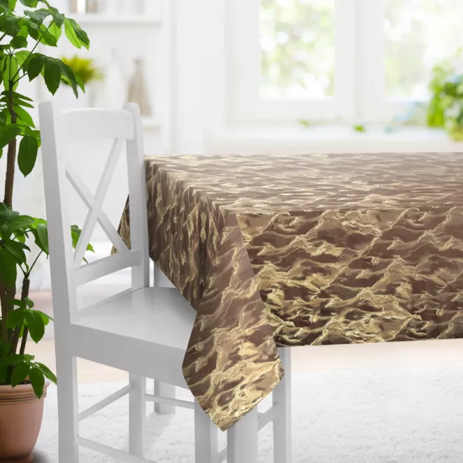 Obrus szyty brązowo złocisty z tkaniny welwetowej ze złotym marmurkowym nadrukiem