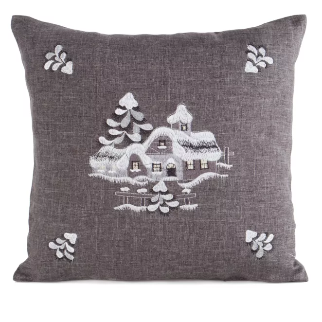 Poszewka na poduszkę świąteczna 45x45 cm stalowo, srebrna o naturalnym splocie z haftowaną aplikacją