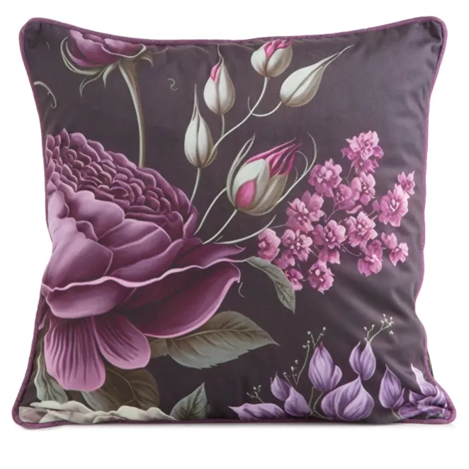Poszewka na poduszkę 45x45 cm welwetowa, fioletowo czarna, dwustronna z motywem kwiatów Eurofirany Premium