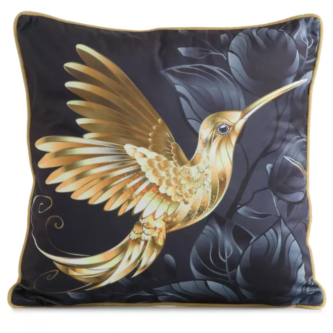 Poszewka na poduszkę 45x45 cm welwetowa, czarno złota, dwustronna z motywem złotego kolibra VELVET 135 Eurofirany Premium