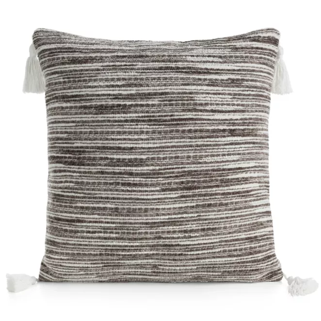 Poszewka na poduszkę 45x45 cm ciemnobeżowa z szenilowej tkaniny z ozdobnymi chwostami ENID