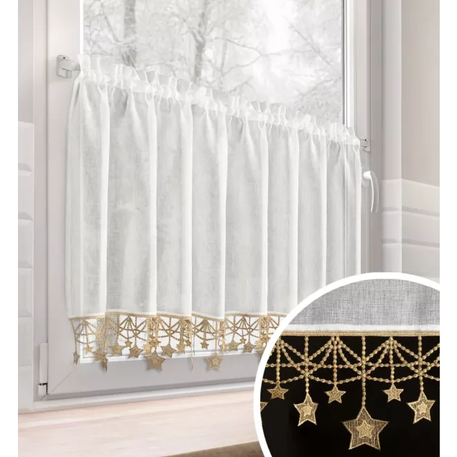 Zazdrostka biało, złota z etaminy zdobiona świątecznymi gwiazdkami 150x60 cm tunel - XMAS