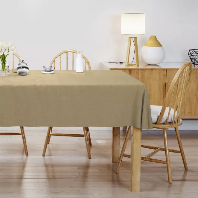 Obrus szyty ciemnokremowy z tkaniny w stylu eko o naturalnym splocie