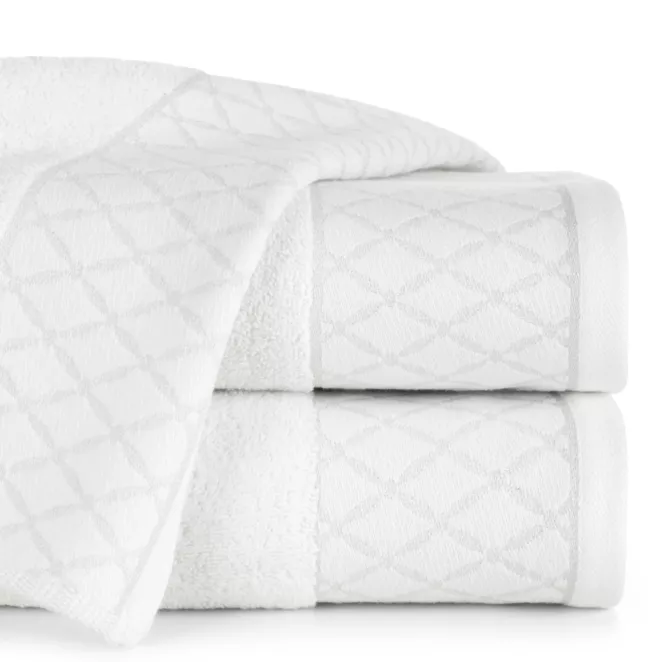 Ręcznik do rąk 30x50 cm bawełniany kolor biały zdobiony wzorem geometrycznym 500 g/m2 LAYLA