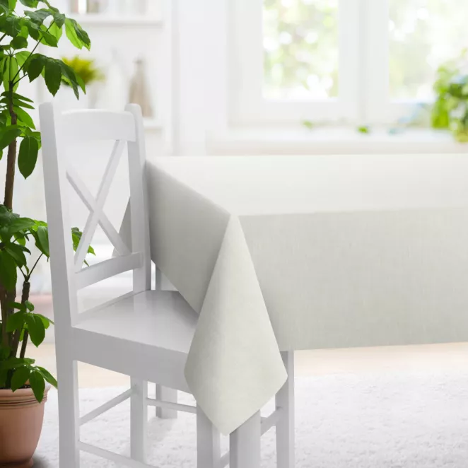 Obrus szyty naturalno beżowy z tkaniny o naturalnym splocie, w stylu ekologicznym