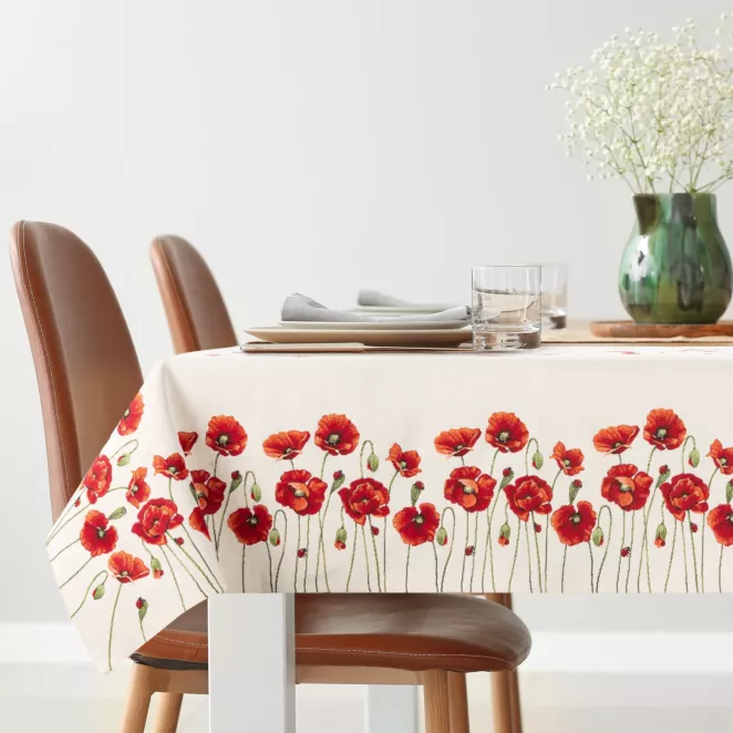Obrus naturalno, czerwony 140x180 cm gobelinowy zdobiony motywem maków