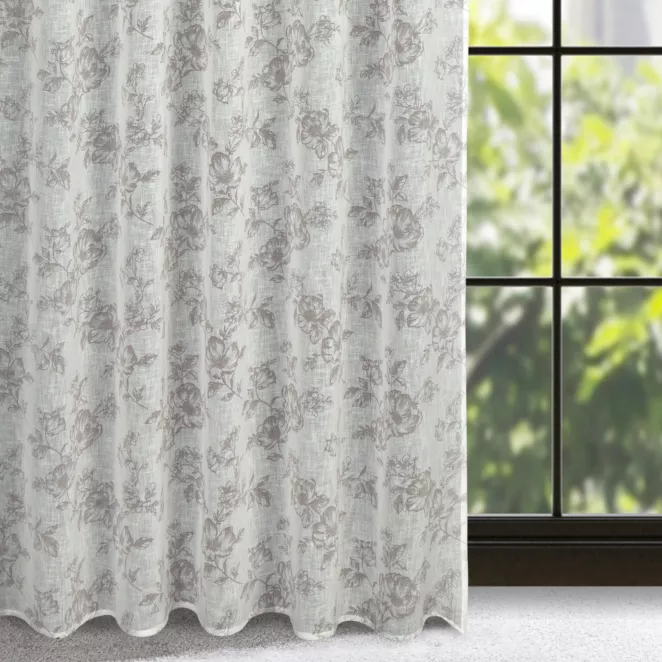 Dekoracja okienna biało, popielata z lekkej etaminy w stylu eco z kwiatowym nadrukiem 140x270 cm taśma/szelki - WIKI