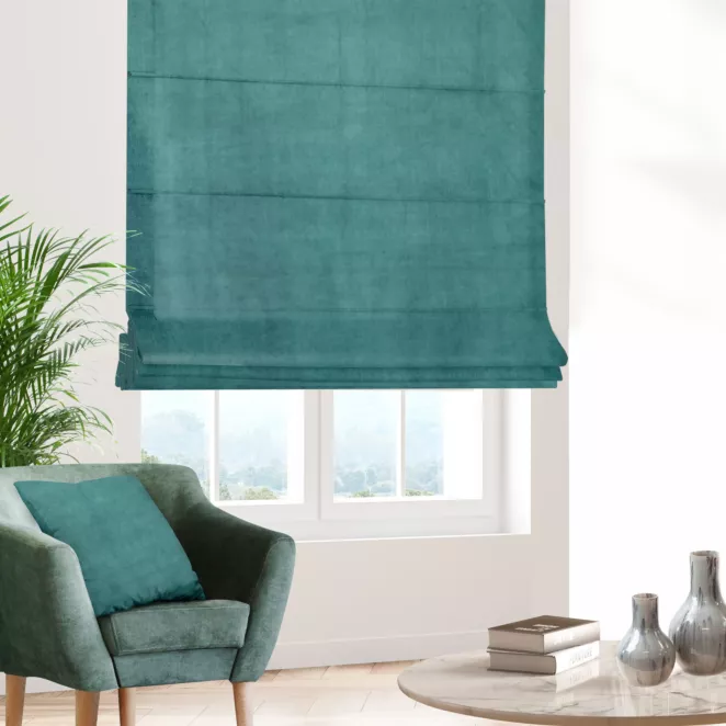 Roleta rzymska LIVIA turkusowa z miękkiego welwetu zaciemniającego typu BLACKOUT o gramaturze 400g/m2