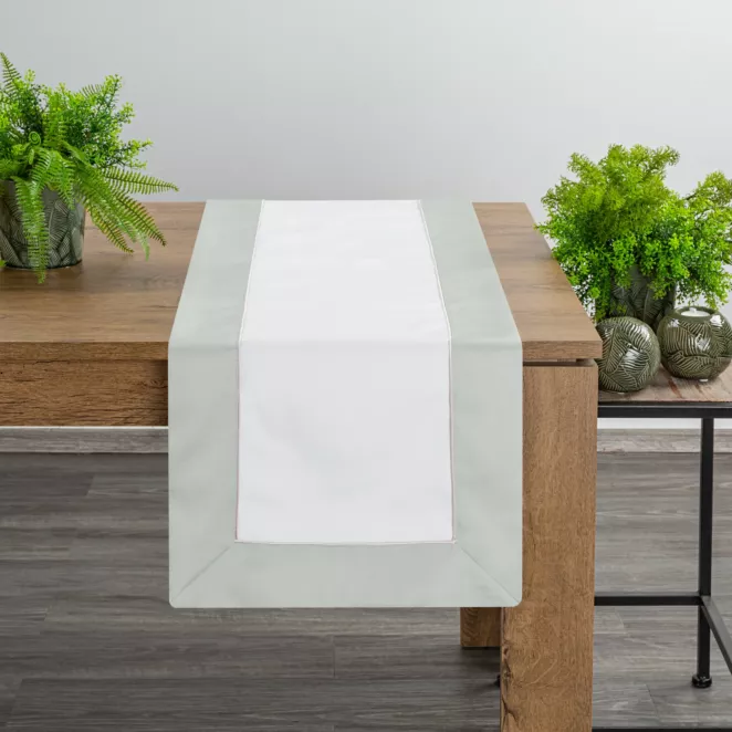 Bieżnik na stół naturalno, oliwkowy 40x180 cm SANDI z ozdobną listwą i beżową wypustką