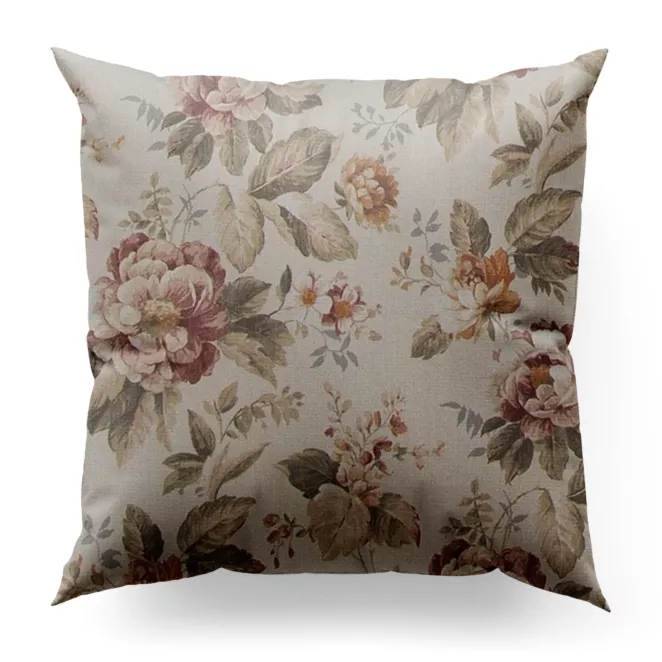 Poszewka na wymiar kremowo ceglasta z tkaniny z dodatkiem bawełny i nici metalicznej, o wzorze w kwiaty, zawiera 20% bawełny