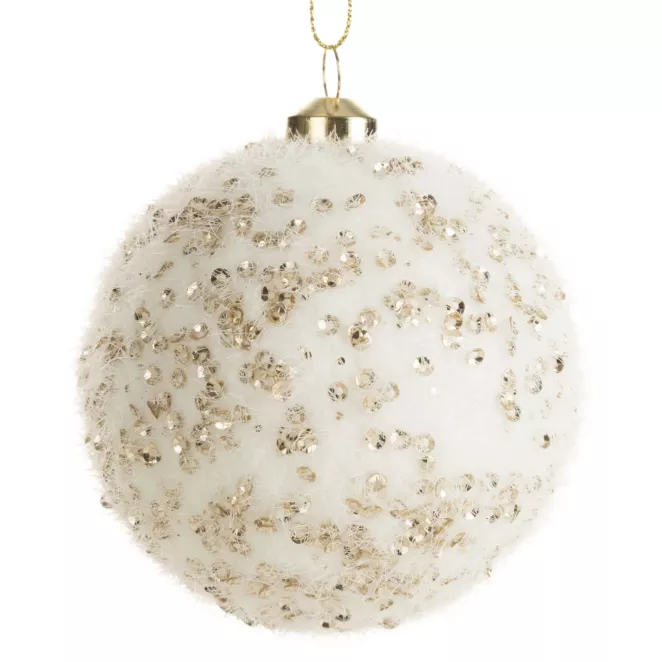 Bombka choinkowa zdobiona futerkiem i cekinami