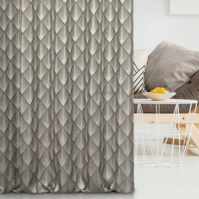 Zasłona szyta na taśmie 5 cm jasnobrązowo złota z tkaniny w elegancki geometryczny wzór z błyszczącą nicią