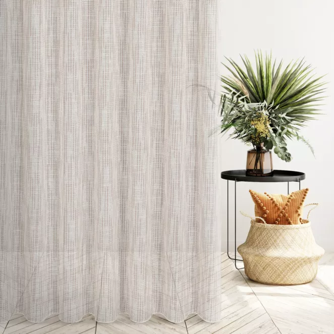 Firana szyta na taśmie 5 cm kremowo beżowa siatka w stylu eko z efektem melanżu wykończona obciążnikiem