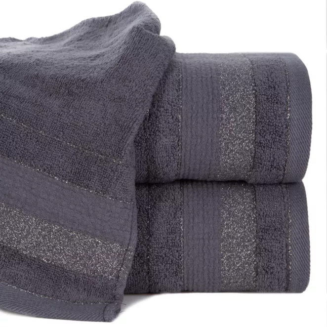 Ręcznik do rąk 30x50 cm bawełniany kolor grafitowy w pasy przetykany błyszczącą nicią 500 g/m2 APRIL