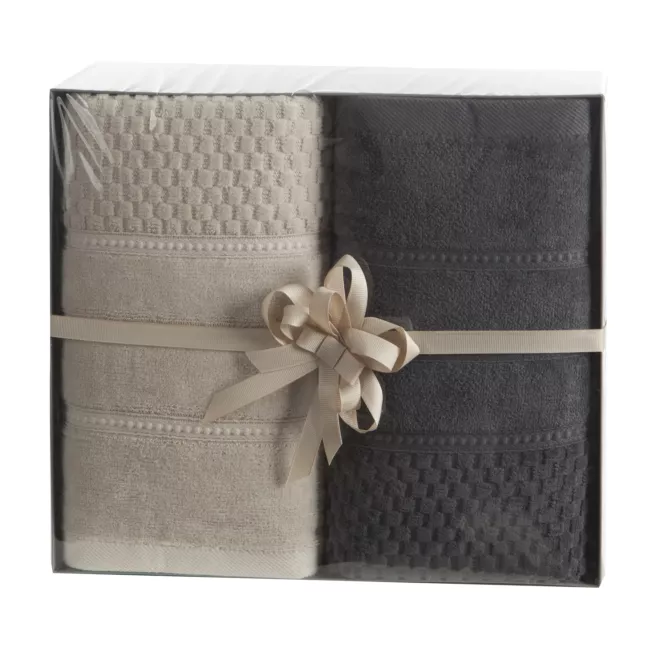 Zestaw ręczników bawełnianych na prezent 2 szt 70x140 cm kolor beżowy, stalowy o ryżowej strukturze