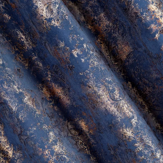 M187/4 Zasłona szyta na taśmie 5 cm OMERTA granatowo miedziana z miękkiej, welwetowej tkaniny z nieregularnym nadrukiem Italissima Eva Minge