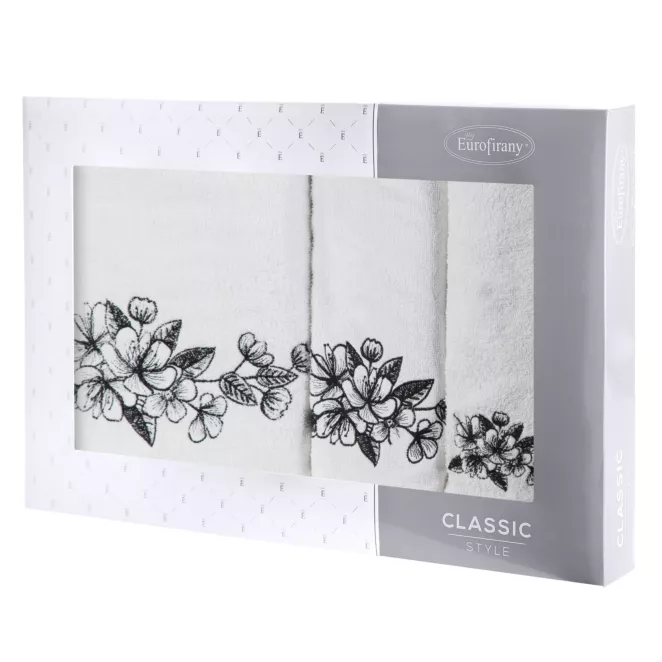 Zestaw ręczników bawełnianych na prezent 3 szt kolor biały,czarny z haftowanym motywem kwiatu wiśni 400 g/m2 SOFIA