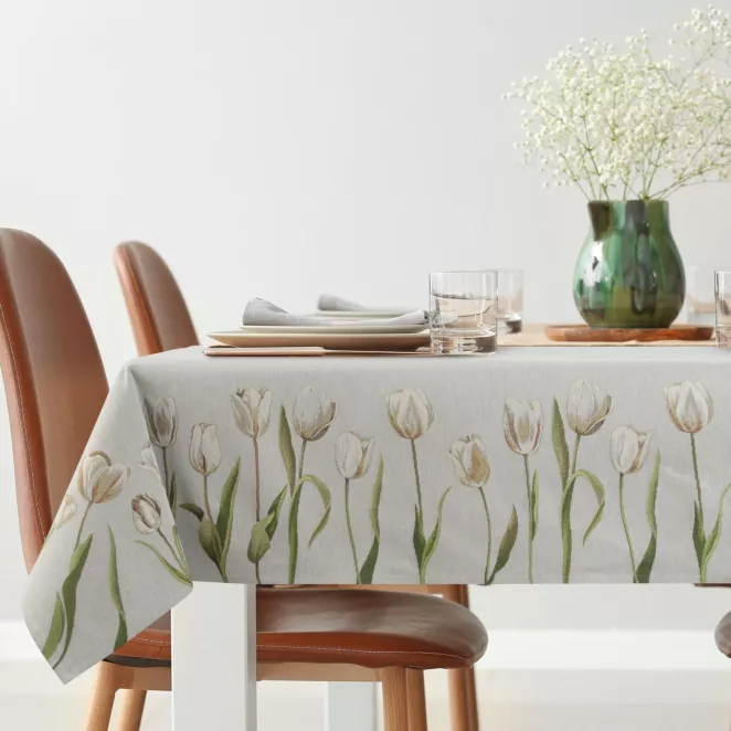 Obrus jasnopopielato, kremowy 140x180 cm gobelinowy z motywem tulipanów