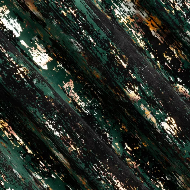 L164/1 Zasłona szyta na taśmie 5 cm ciemnozielono czarna z tkaniny welwetowej z metalicznym nadrukiem