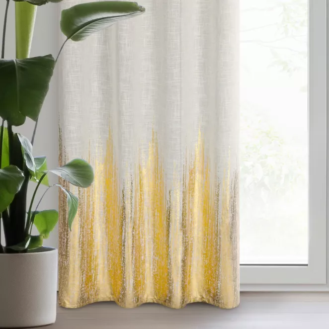 Zasłona naturalno, złocista zdobiona błyszczącym nadrukiem z dodatkiem lnu 135x250 cm przelotka - IMANI