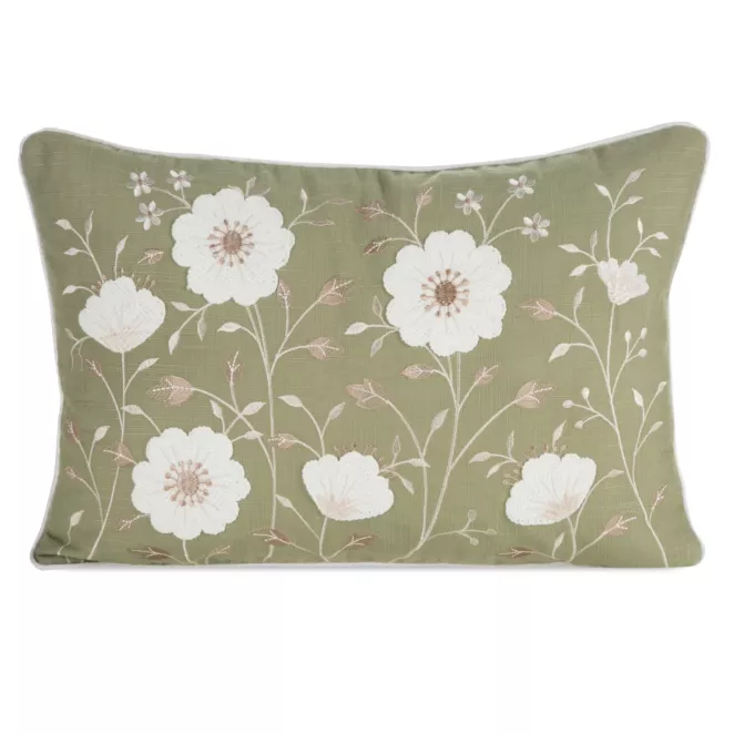 Poszewka na poduszkę 35x50 cm o naturalnym splocie zdobiona haftem wiosennych kwiatów zielono, biała WIOSNA 123