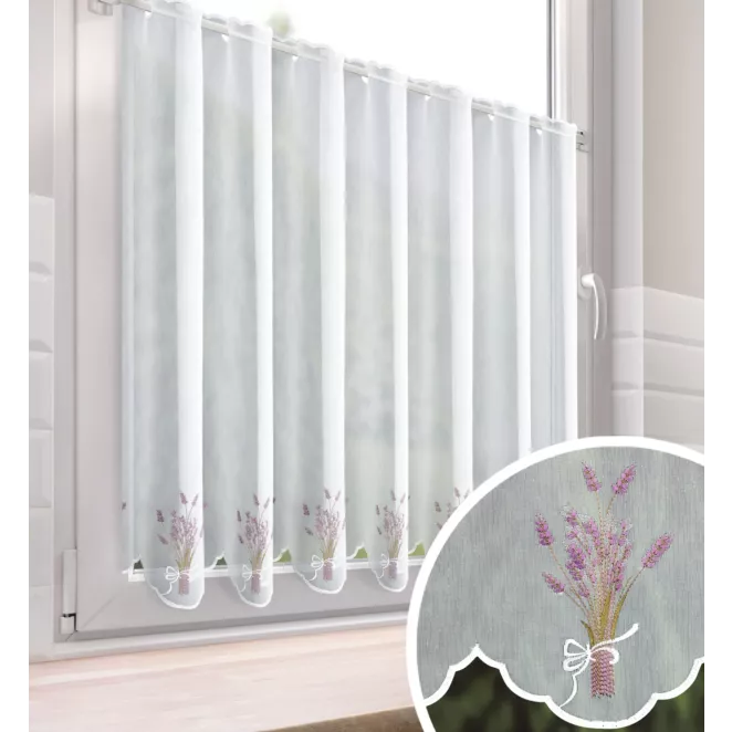 Tkanina firanowa zazdrostka z etaminy zdobiona haftem lawendy