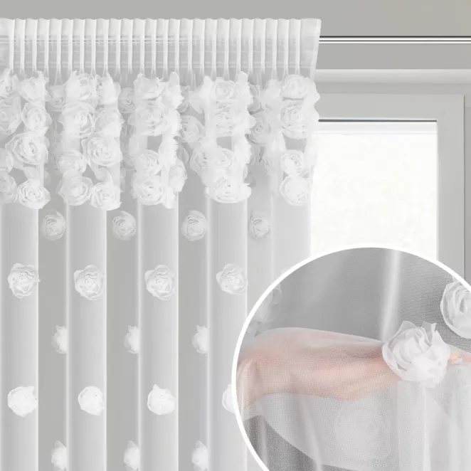 Firana biała z siateczki zdobiona różami 3D 140x270 cm taśma - DIANA