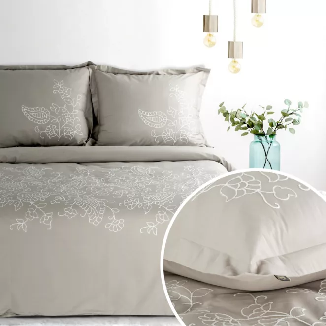 Pościel 160x200 cm komplet 3 częściowy bawełniana kolor beżowy, biały zdobiona haftowanym wzorem Eurofirany Premium