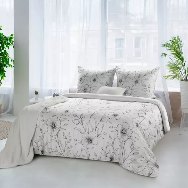 Pościel 140x200 cm satyna bawełniana kolor biało, czarny z eleganckim wzorem roślinnym SPRING 64