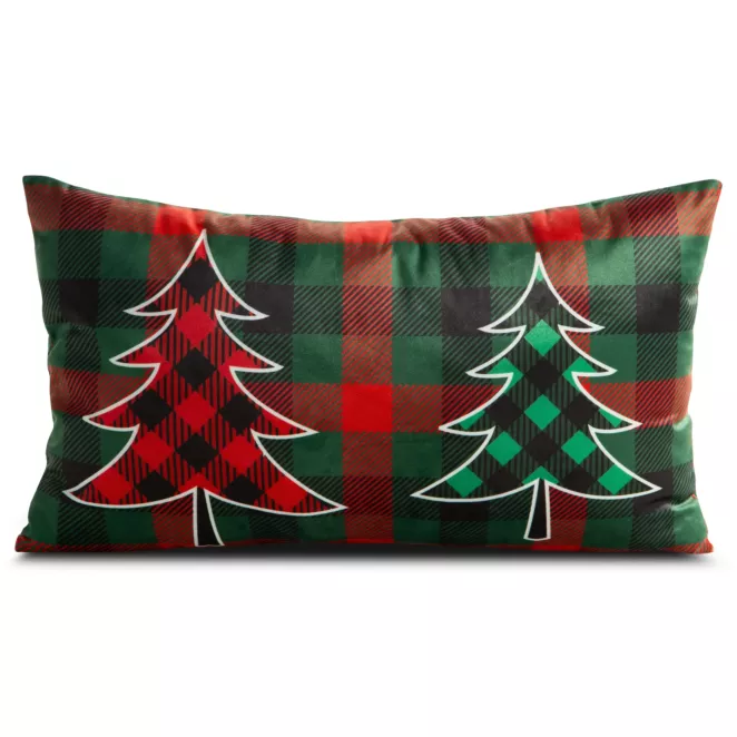 Poszewka na poduszkę 30x50 cm welwetowa, czerwono, zielona zdobiona nadrukiem choinek FENIKS