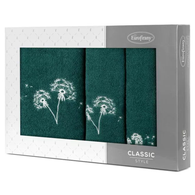 Zestaw ręczników bawełnianych na prezent 3 szt kolor ciemnozielony , srebrny z haftem kwiatów 400 g/m2 MOLI