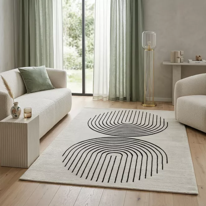 Dywan 60x100 cm kremowo, czarny zdobiony geometrycznym wzorem AURA 1
