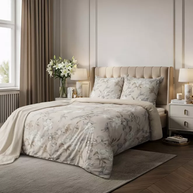 Pościel 160x200 cm komplet 3 cześciowy z makosatyny bawełnianej kolor beżowy, jasnoszary z motywem roślinnym Reina Line