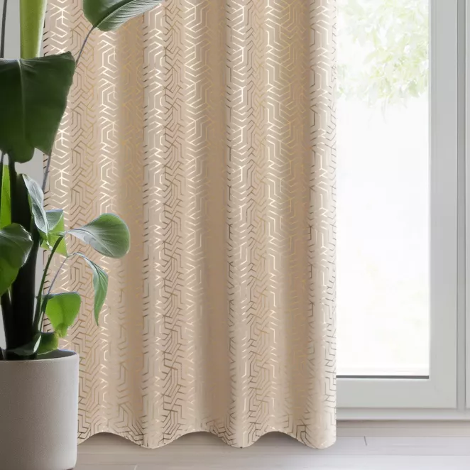 Zasłona beżowo, szampańska zdobiona nadrukiem geometrycznym 140x250 cm przelotka SEMI
