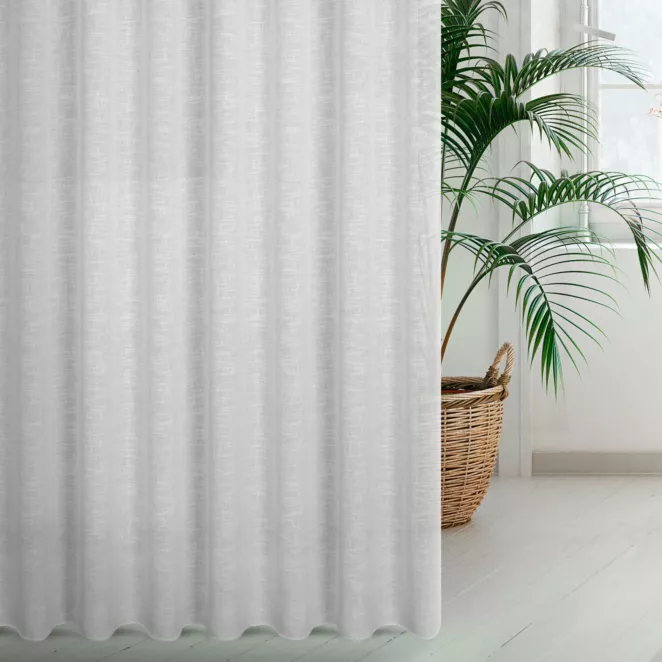 Zasłona szyta na taśmie 5 cm biała z matowej luźnotkanej tkaniny z efektem melanżu, wykończona obciążnikiem