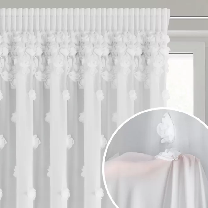 Firana biała z szyfonu zdobiona różami 3D 350x270 cm taśma - DIANA