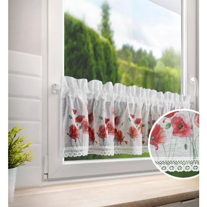 Zazdrostka biało, czerwona z etaminy w stylu sielankowym w kwiaty maków 150x30 cm tunel MARI