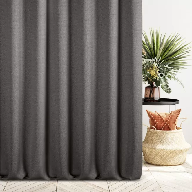 Zasłona szyta na taśmie 5 cm ciemnoszara z tkaniny o naturalnym splocie z efektem melanżu