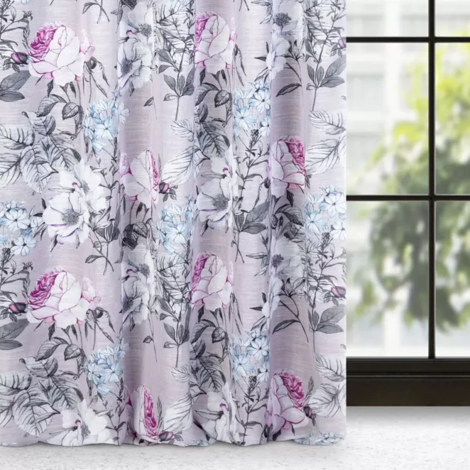 Zasłona różowo, fioletowa z nadrukiem kwiatów z lekkiej etaminy 140x270 cm taśma - HONEY