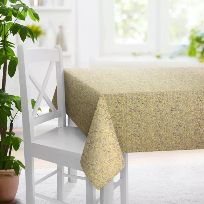 Obrus szyty DORIANA srebrno musztardowy z tkaniny o dwukolorowym nieregularnym wzorze