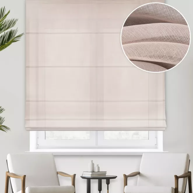 Roleta rzymska pudrowo różowa z cienkiej matowej etaminy, wykończona obciążnikiem