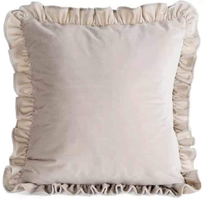 Poszewka na poduszkę 45x45 cm z aksamitnego welwetu beżowa zdobiona na brzegach falbanami BRENDA Eurofirany Premium